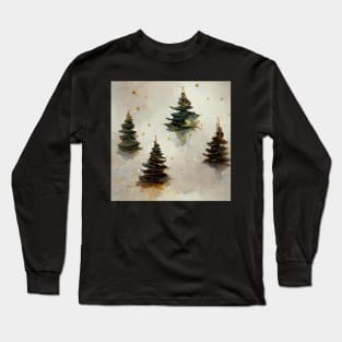 Watercolor Winter Christmas Trees, Gold and Green Long Sleeve T-Shirt